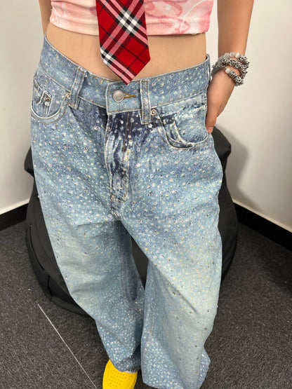 Speckled Paint Washed Wide Leg Denim Jeans WN24047