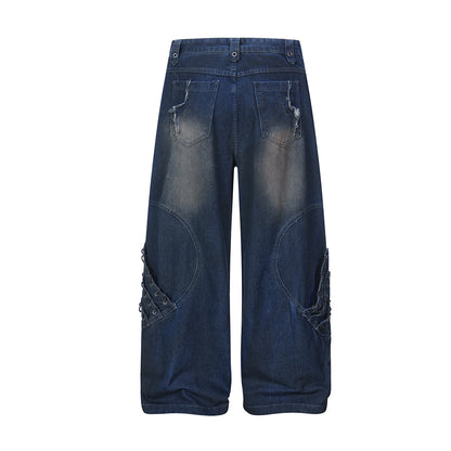 Heavyweight Washed Deconstructed Wide Leg Denim Jeans WN25745