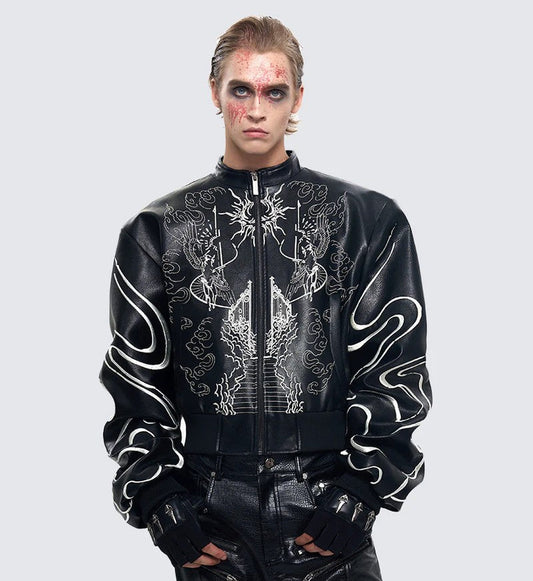 Gothic Embroidery Short Sleeve PU Leather Jacket WN28117