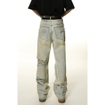 Washed Damage Wide-Leg Straight Denim Jeans WN7102