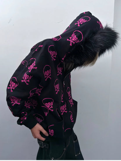 Headphone Skull Print Fake Fur Collar Zipper Hoodie WN20919