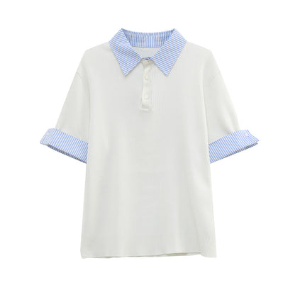 Fake Layered Stripe Collar Short Sleeve Polo Shirt WN24899