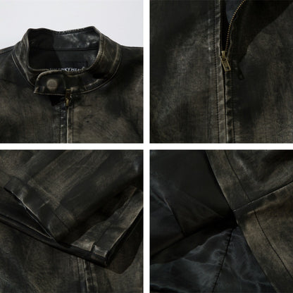 Washed High-Neck PU Leather Jacket WN10980