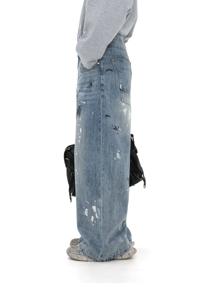 Paint Straight Wide Leg Denim Jeans WN8018