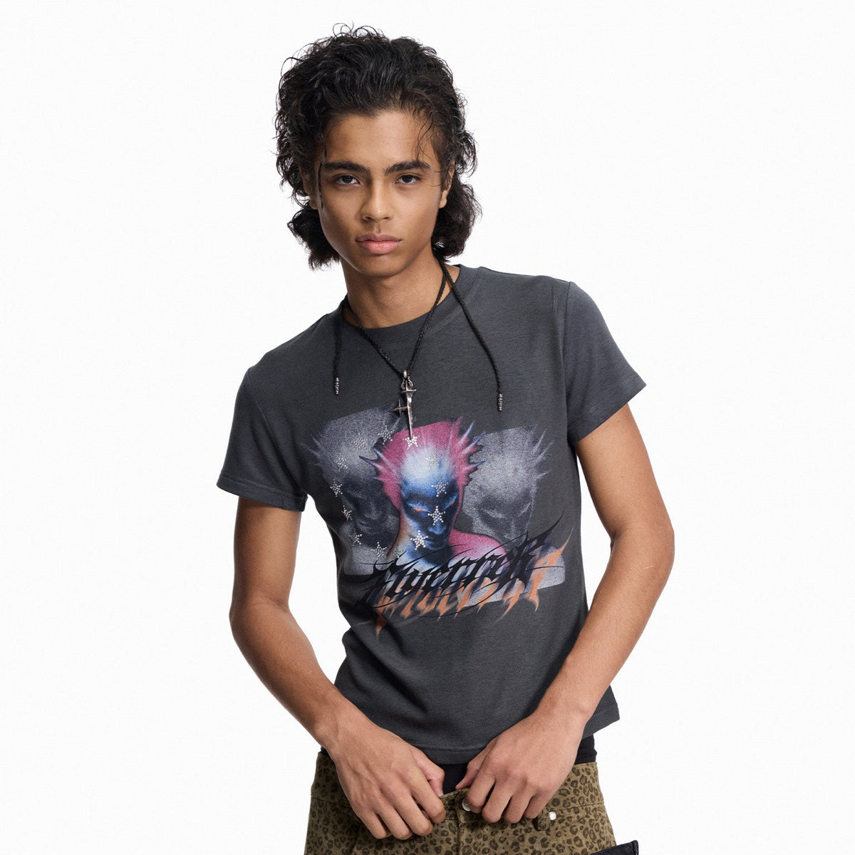 Multi-Portrait Print Washed Cropped Short Sleeve T-Shirt WN27431