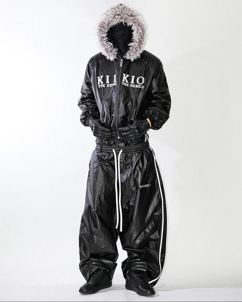 Glossy Fake Fur Collar Jacket & Side Tape Cuff Pants Setup WN28024