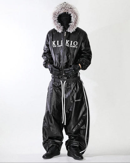 Glossy Fake Fur Collar Jacket & Side Tape Cuff Pants Setup WN28024