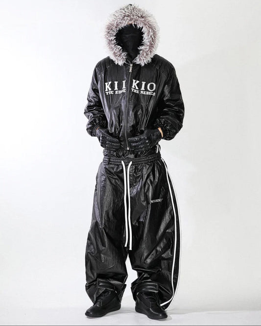 Glossy Fake Fur Collar Jacket & Side Tape Cuff Pants Setup WN28024