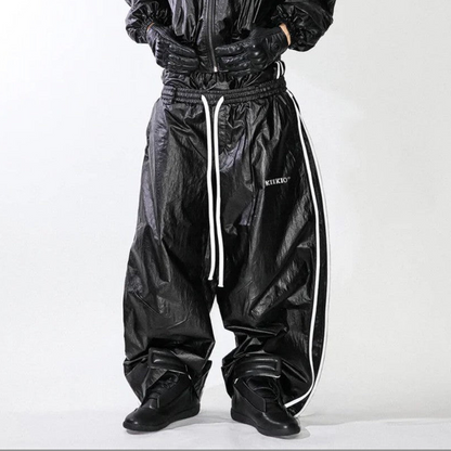 Glossy Fake Fur Collar Jacket & Side Tape Cuff Pants Setup WN28024