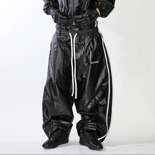 Glossy Fake Fur Collar Jacket & Side Tape Cuff Pants Setup WN28024