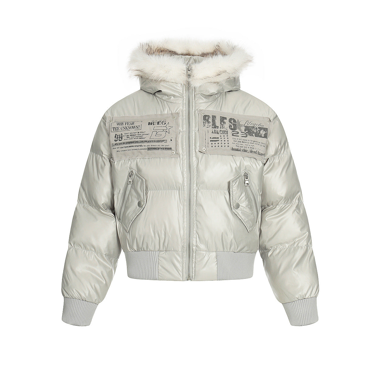 Hooded Fake Fur Collar Pockets Short Puffer Jacket WN21887