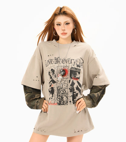 Fake Layered Camo Damage Print Long Sleeve T-Shirt WN25740