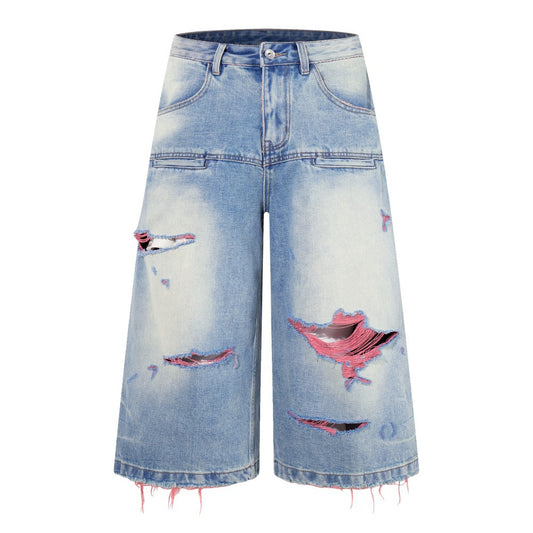 Washed Damage Graphic Denim Half Jeans WN28002