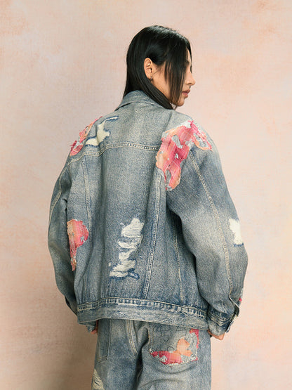 Floral Print Damage Denim Jacket WN23200