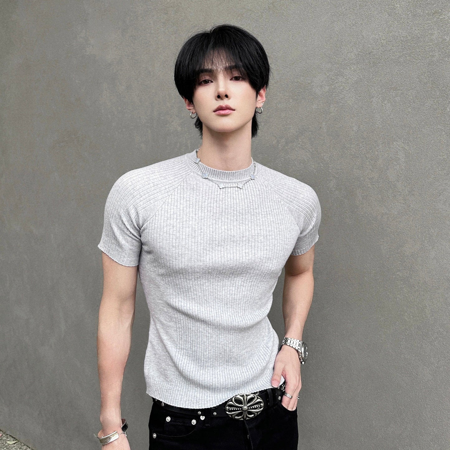 Ribbed Short Sleeve Knit T-shirt WN25093