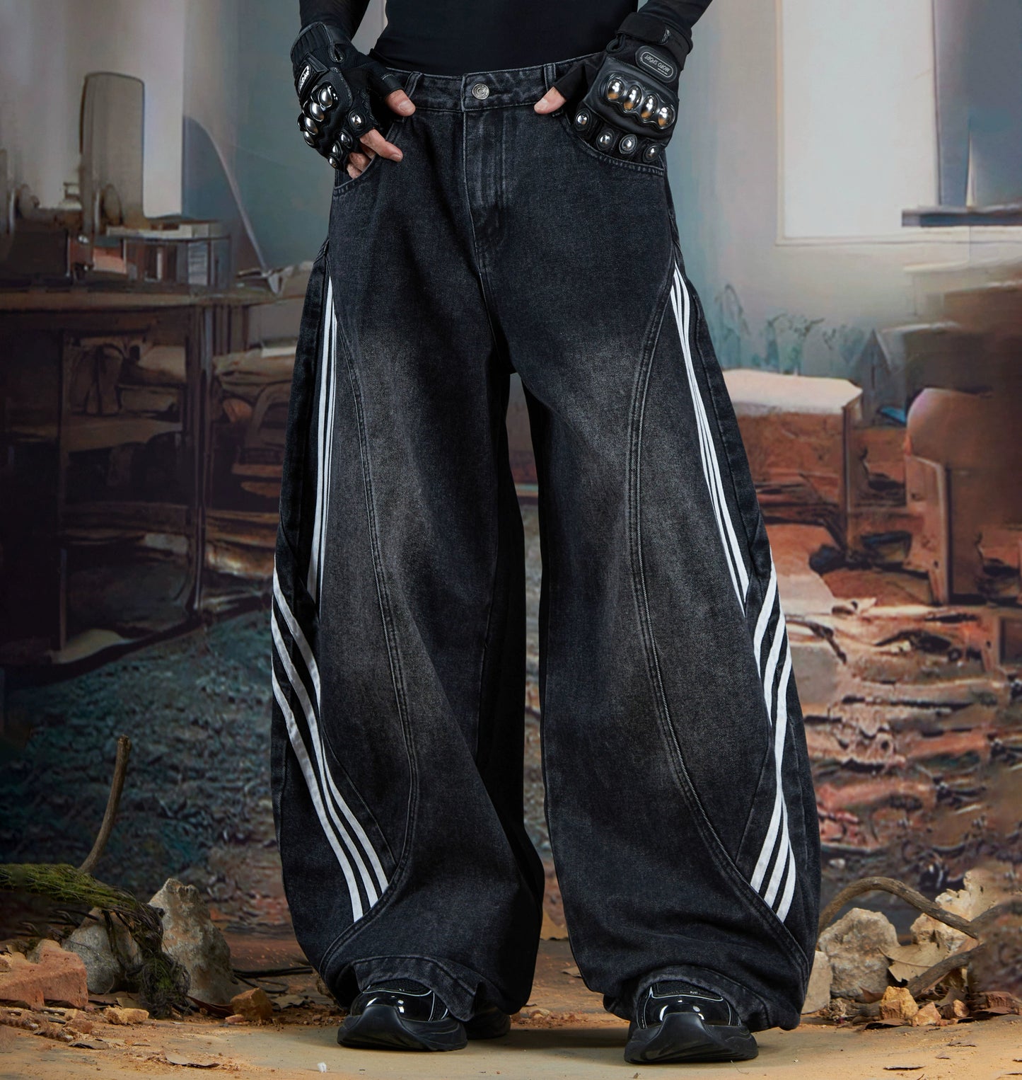 Stripe Deconstruction Patchwork Wide Leg Denim Jeans WN21365