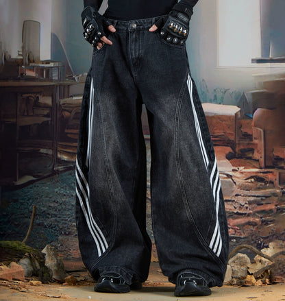 Stripe Deconstruction Patchwork Wide Leg Denim Jeans WN21365