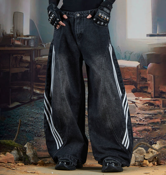 Stripe Deconstruction Patchwork Wide Leg Denim Jeans WN21365