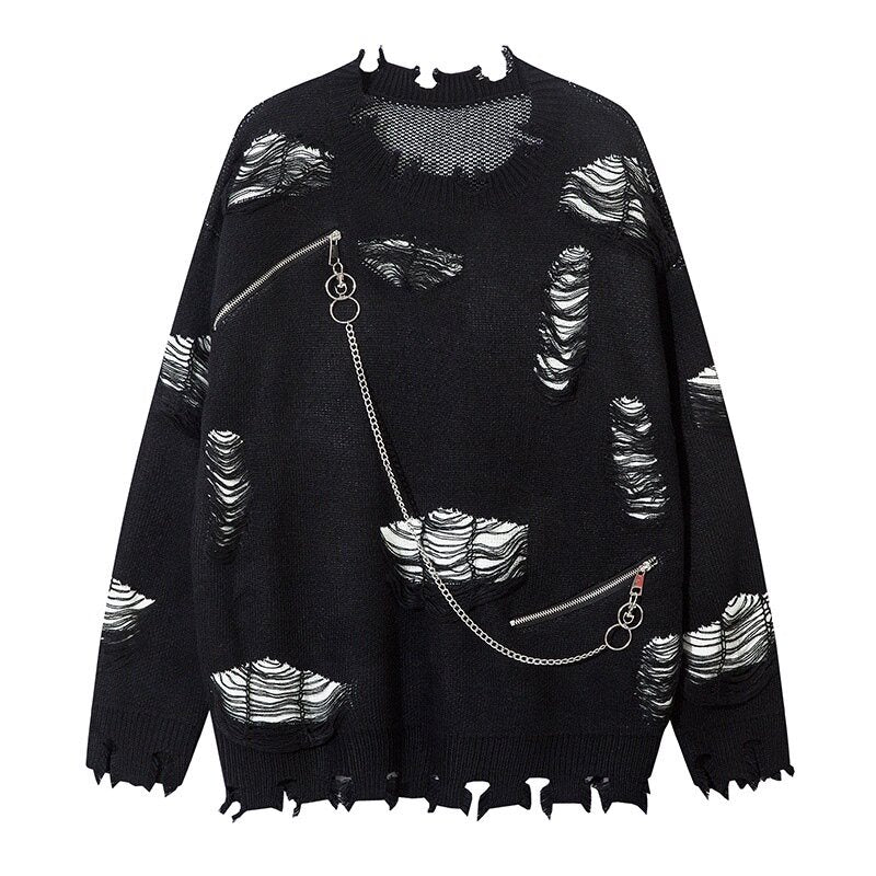 Damage Zipper Chain Detail Knit Sweater WN24497