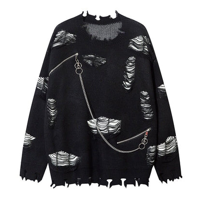 Damage Zipper Chain Detail Knit Sweater WN24497