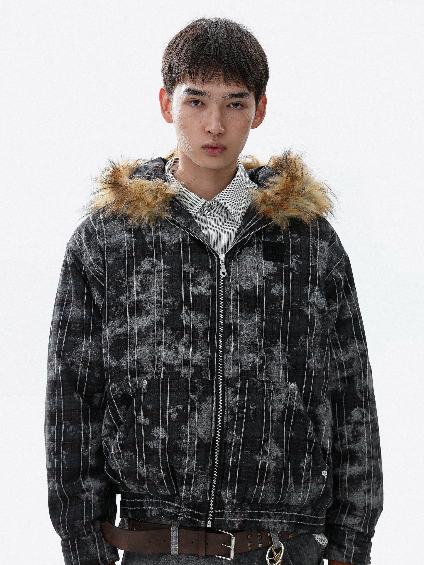 Tie-Dye Fake Fur-Collar Hooded Jacket WN22115