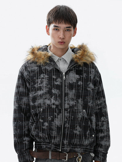 Tie-Dye Fake Fur-Collar Hooded Jacket WN22115