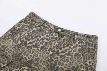Leopard Print Multi-Pocket Wide Leg Half Pants WN25827