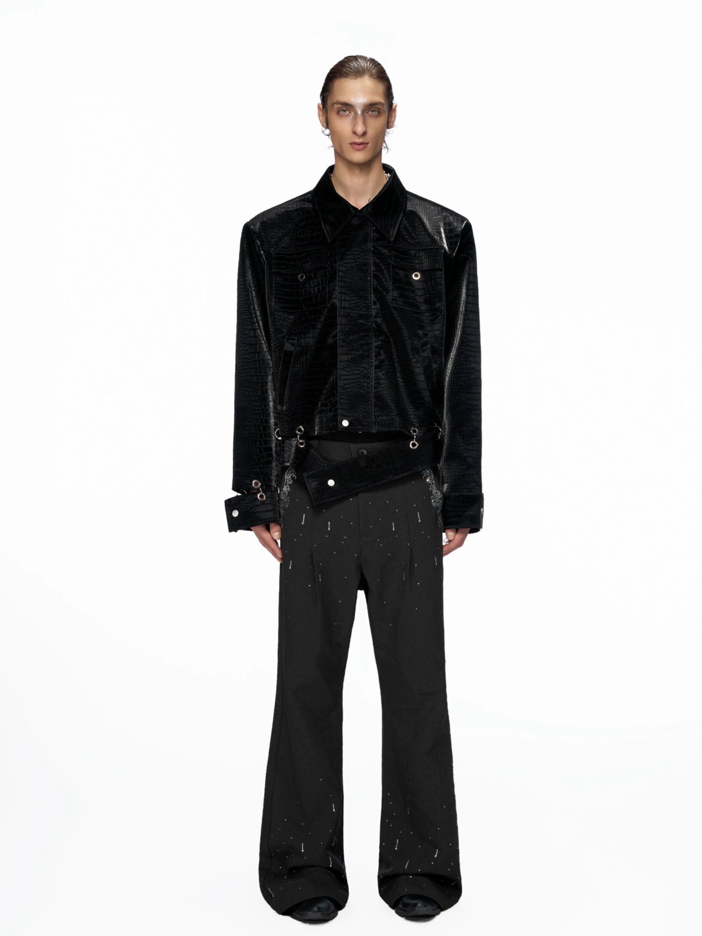 Crocodile Pattern Metal Panelled PU Leather Jacket WN20517