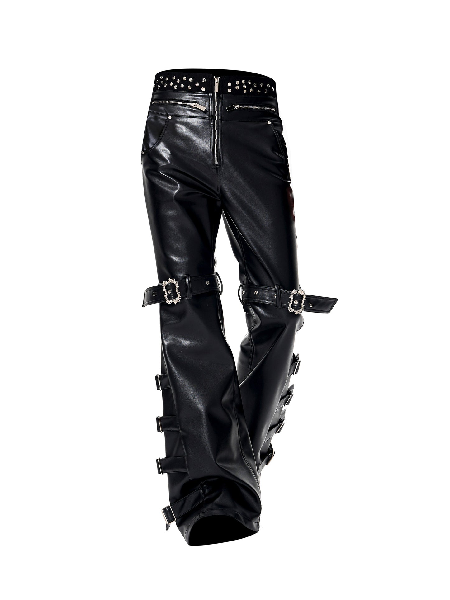 PU Leather Flare Metal Rivet Buckle Pants WN23258
