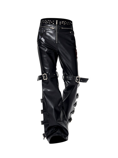 PU Leather Flare Metal Rivet Buckle Pants WN23258