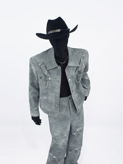 Chain Decor PU Leather Short Jacket & Wide Leg PU Leather Pants Setup WN23678