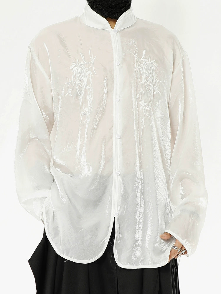 Organza Floral Embroidery Standing-Collar Long Sleeve Shirt WN20175