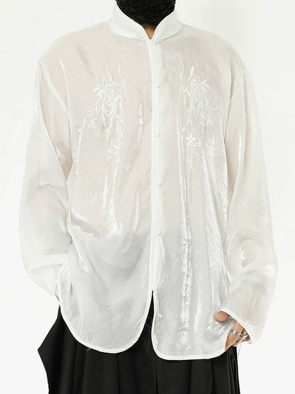 Organza Floral Embroidery Standing-Collar Long Sleeve Shirt WN20175