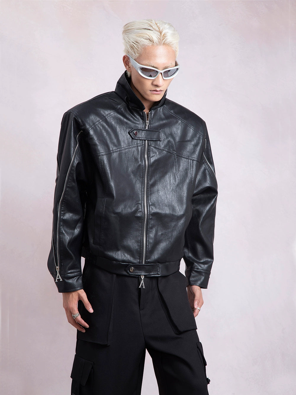 PU Leather Shoulder Pad Short Jacket WN9337