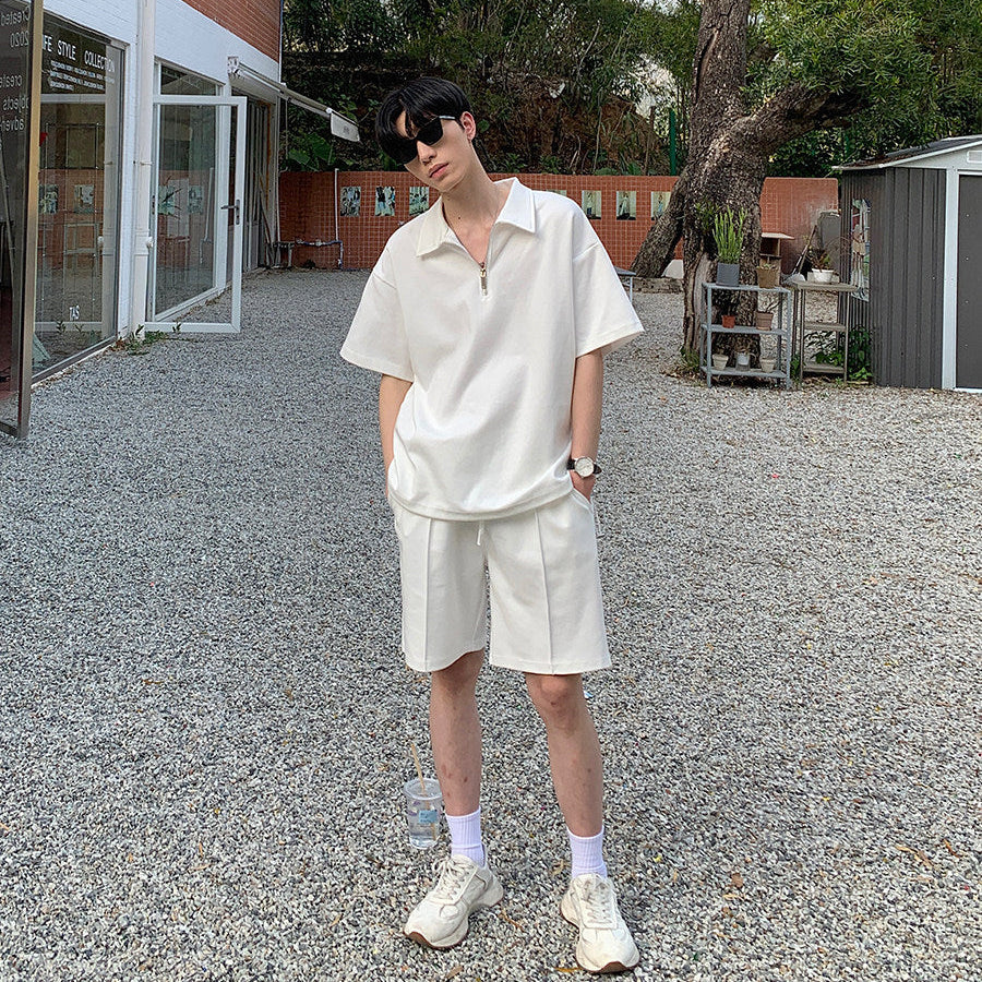 Half Zip Open Collar Short Sleeve T-Shirt & Half Pants Setup WN24906