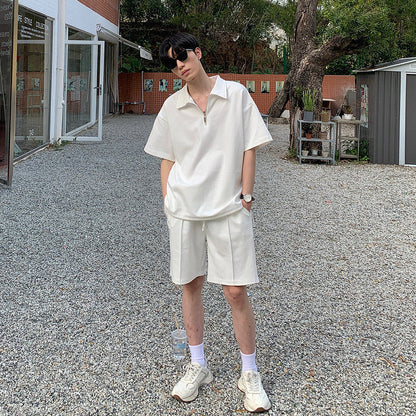 Half Zip Open Collar Short Sleeve T-Shirt & Half Pants Setup WN24906