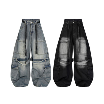 Gradient Multi-Pocket Drawstring Wide Leg Denim Jeans WN27828