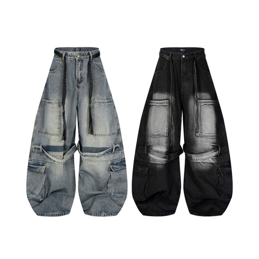 Gradient Multi-Pocket Drawstring Wide Leg Denim Jeans WN27828