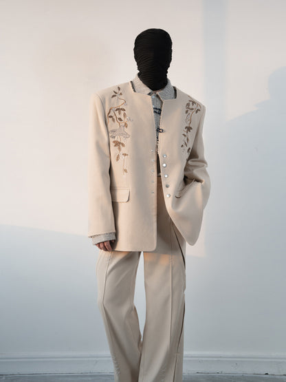 Floral Embroidery Tailored Jacket & Side Slits Wide-Leg Trousers Setup WN23635