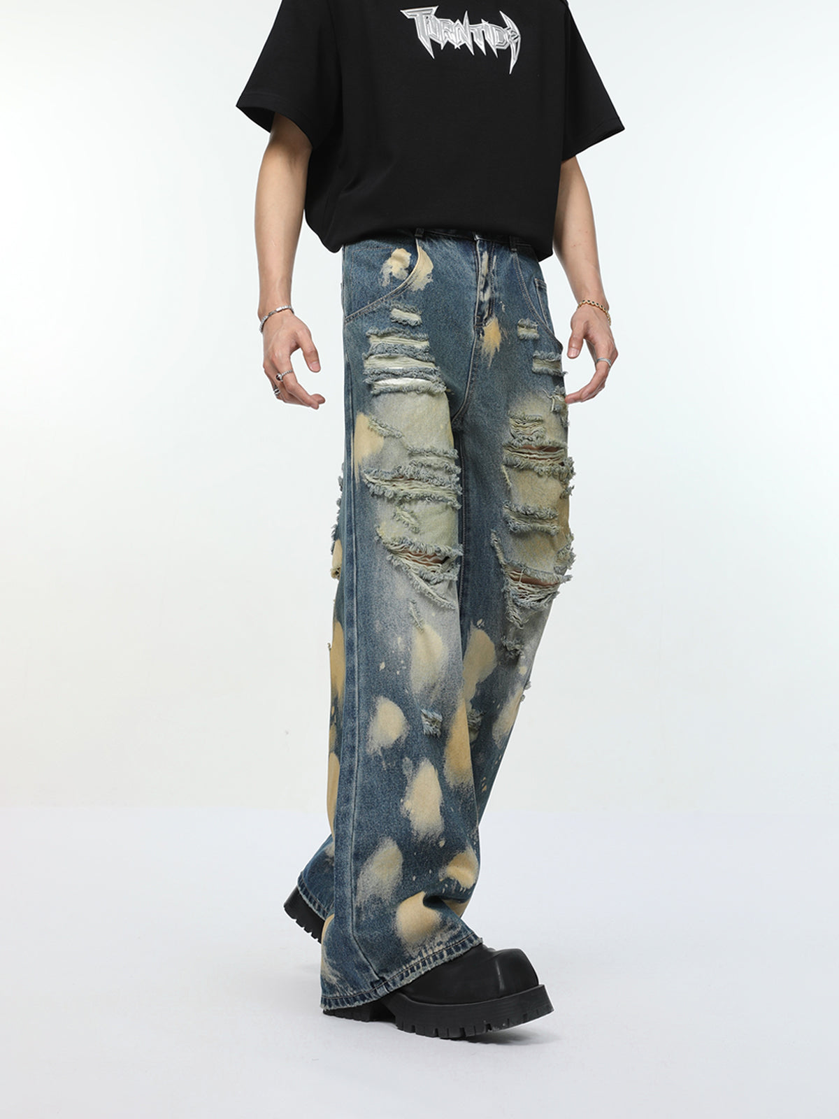 Damage Wide-Leg Straight Denim Jeans WN7317