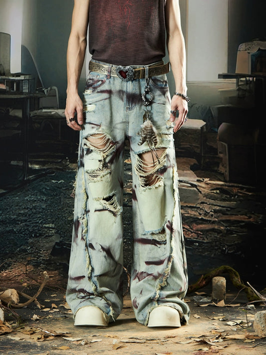 Fringe Tie-Dye Paint Damage Wide Leg Straight Denim Jeans WN18476
