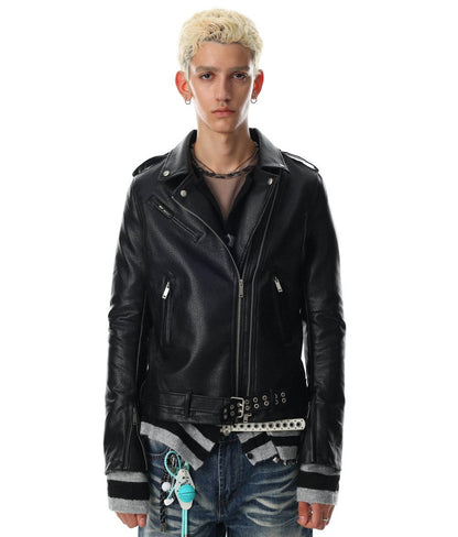 Diagonal Zipper Metal Stud Belt Short PU Leather Jacket WN27862