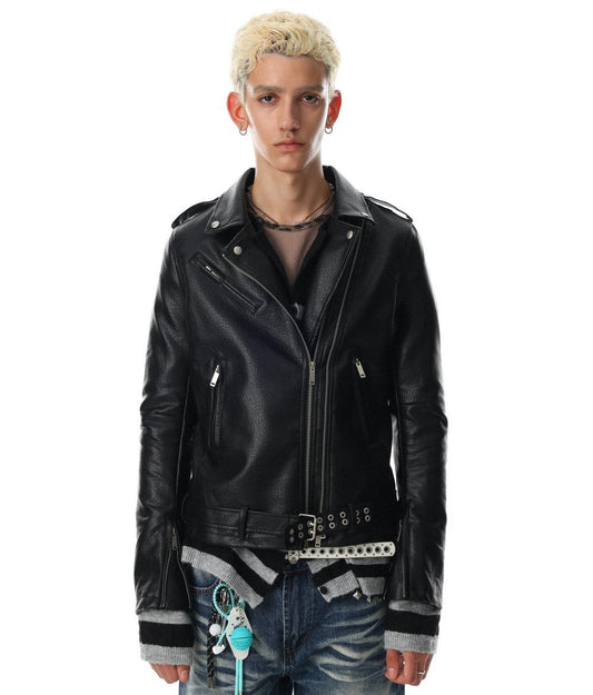 Diagonal Zipper Metal Stud Belt Short PU Leather Jacket WN27862
