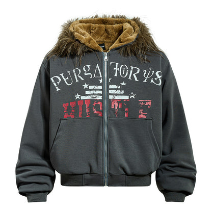 Fake Fur Graffiti Print Zipper Hooded Jacket WN24158