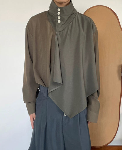 Patchwork Stand Neck Long Sleeve Shirt WN19994