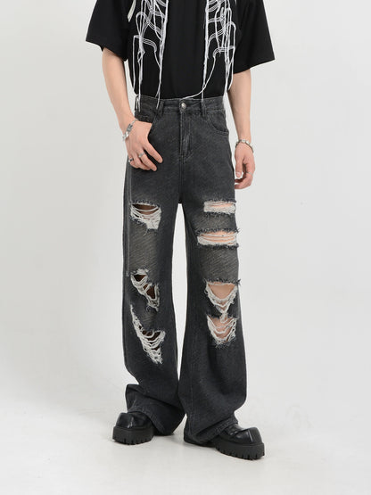 Washed Damage Wide-Leg Straight Denim Jeans WN7133