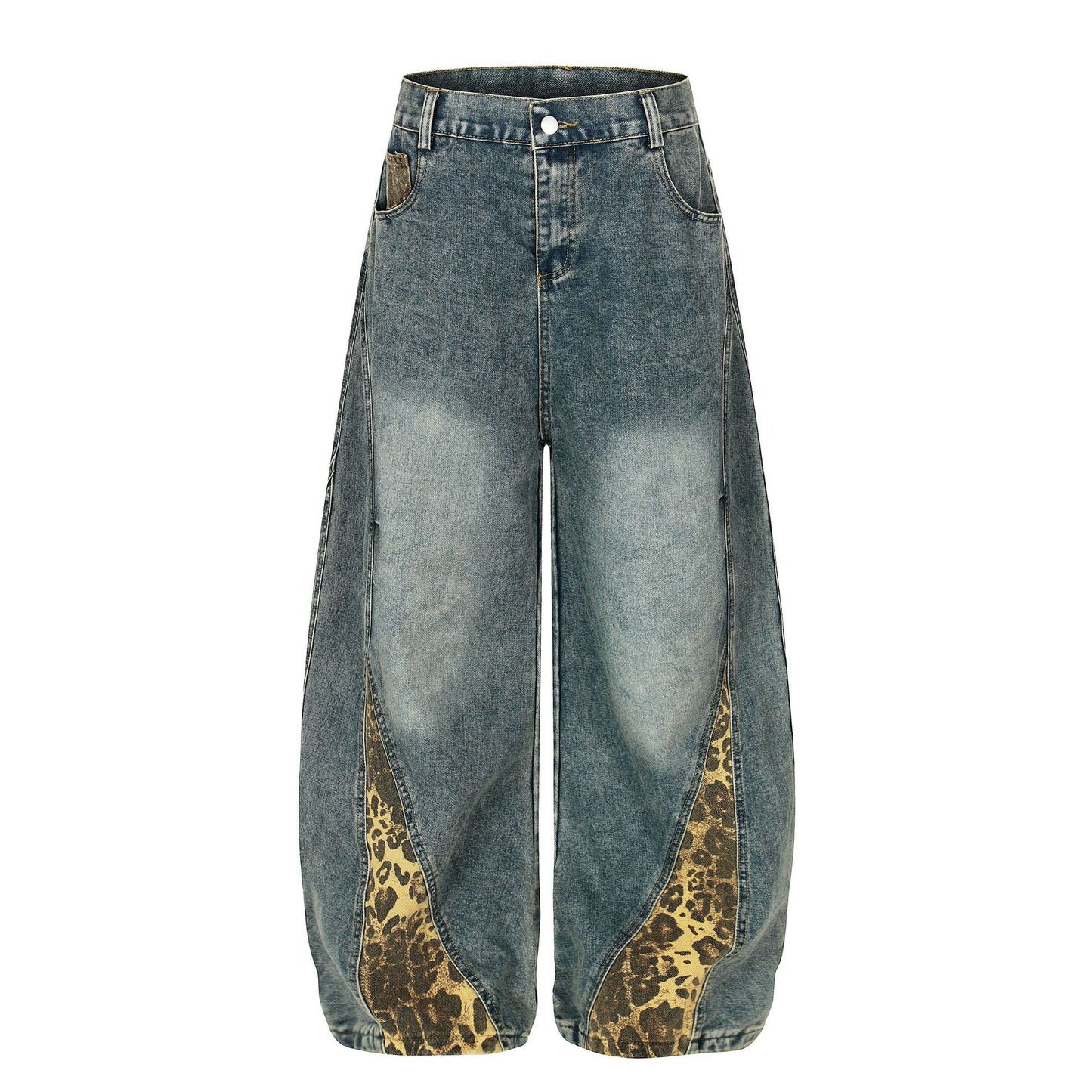 Washed Leopard Panel Curved Denim Jeans WN25514
