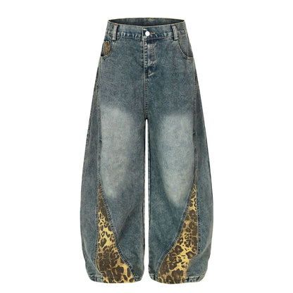 Washed Leopard Panel Curved Denim Jeans WN25514