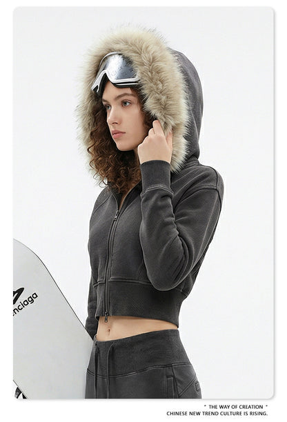 Fake Fur Lining Zip-Up Cropped Zipper Hoodie WN23115