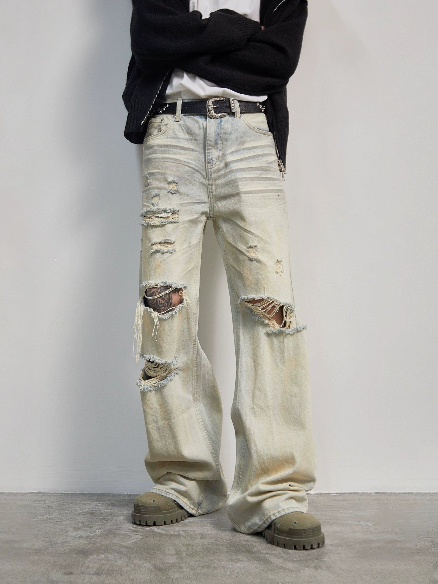 Hole Damage Pleats Straight Wide Leg Denim Jeans WN21175